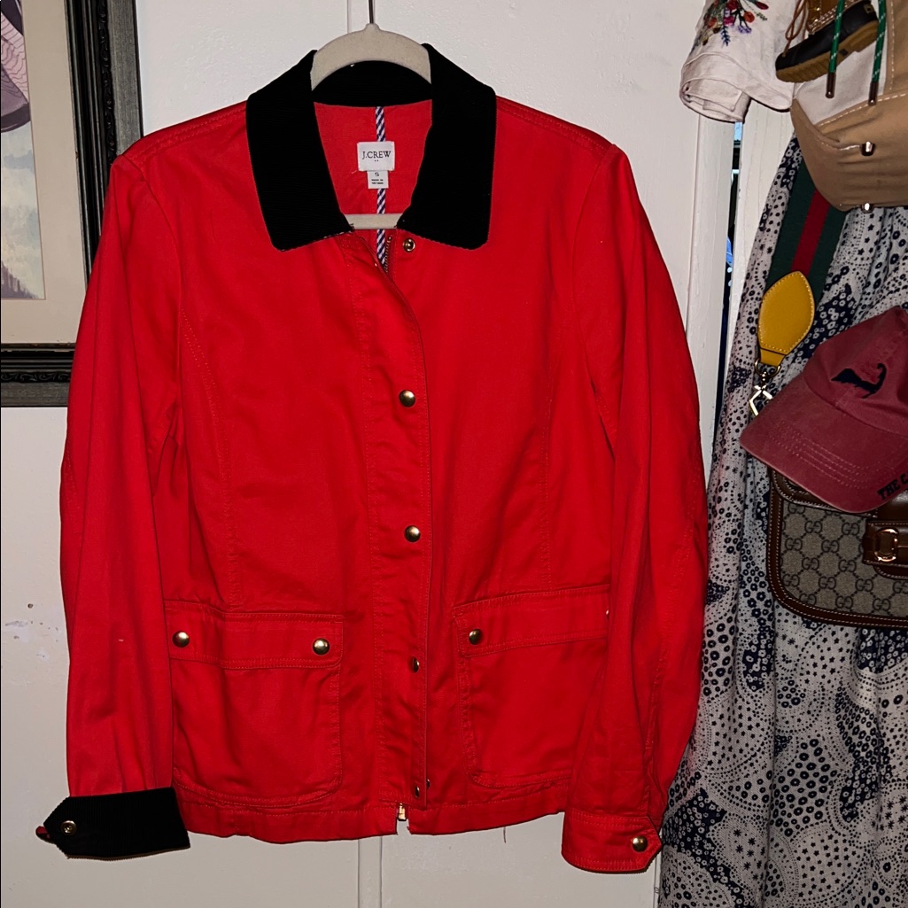 J. Crew Vibrant Red Barn Coat With Brown Corduroy Accents And Gold